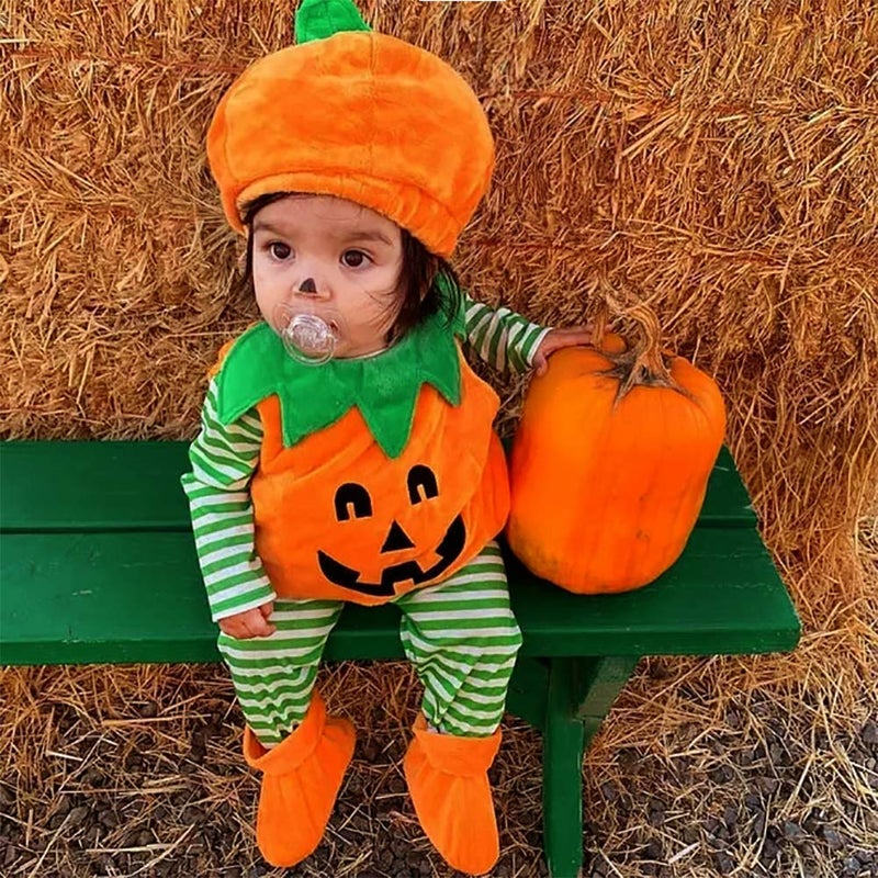 Lamuusaa Newborn Baby Girls Boys Halloween Costumes Sleeveless Pumpkin Romper Bodysuit Hat Socks Halloween Outfits 0-3Y (1-2Y, Orange) - Image 3